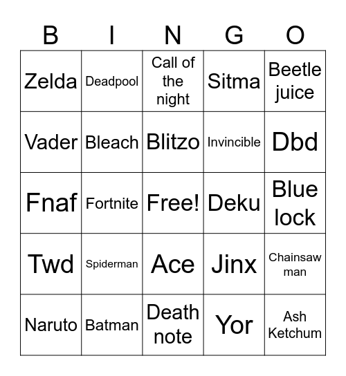 Cosplay Bingo Card