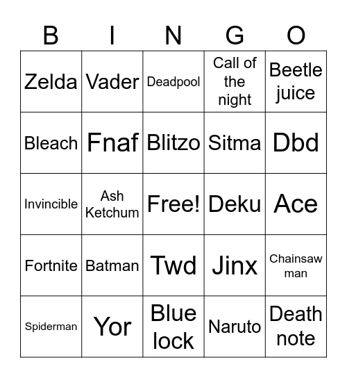 Cosplay Bingo Card