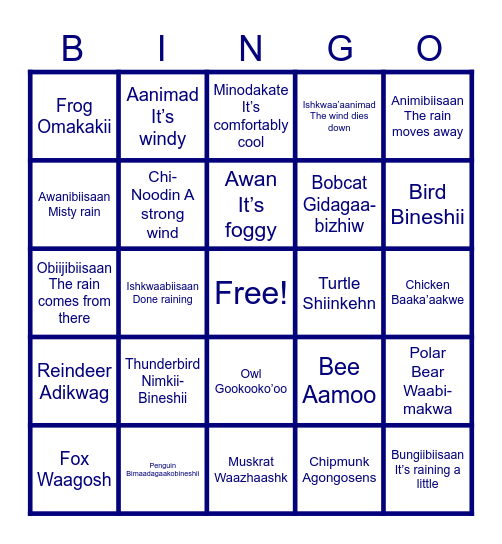 Anishinaabemowin Bingo: The Great Outdoors Bingo Card
