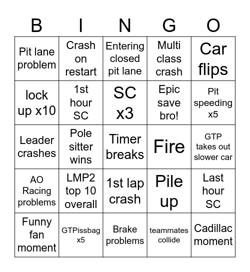 12 hrs of sebring 2024 Bingo Card