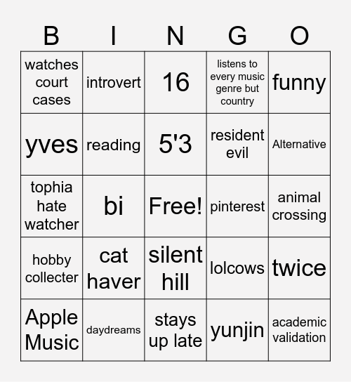 Mariam's bingo Card