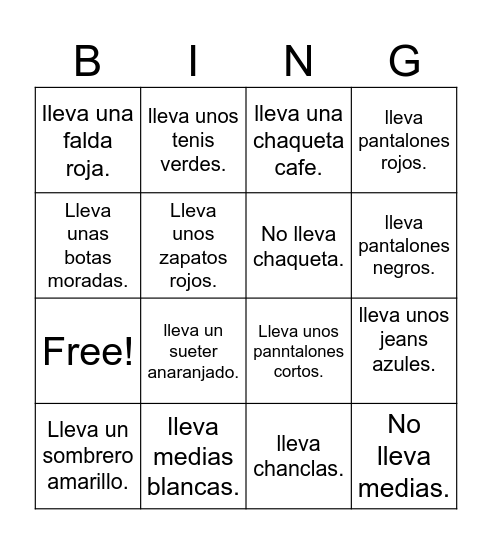 La ropa Bingo Card
