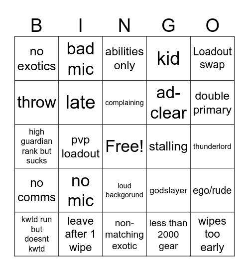 Raid Bingo Card
