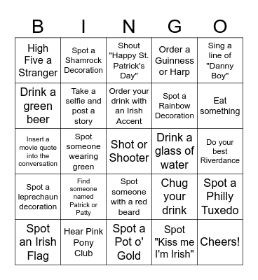 St. Patricks Day Bar Crawl Bingo Card