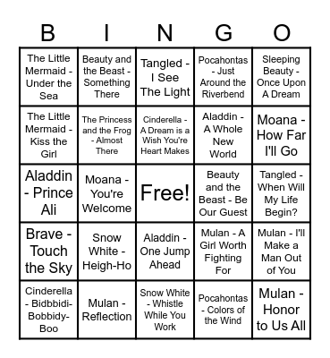 Disney Princess Music Bingo Card