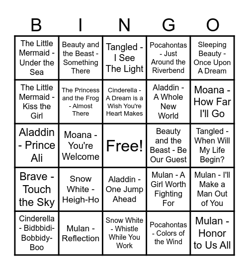 Disney Princess Music Bingo Card