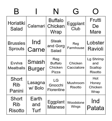 Food Items Bingo Card