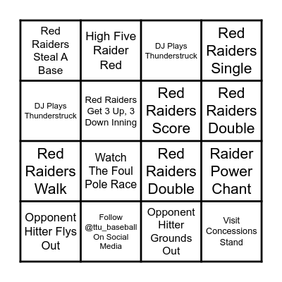 Red Raider Baseball Bingo Card