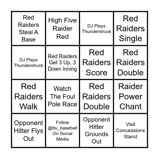 Red Raider Baseball Bingo Card
