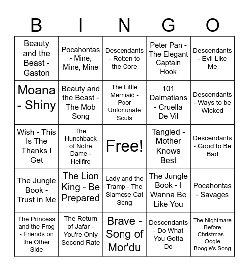 Disney Villain Music Bingo Card