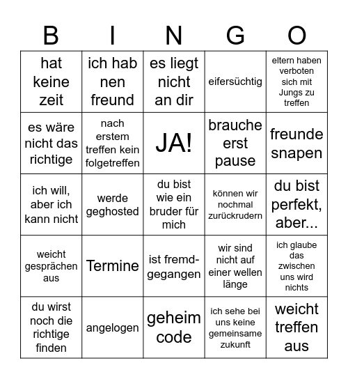 Kennlernphase/Beziehung Bingo Card