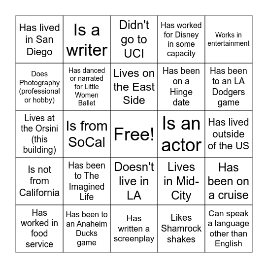 Human Bingo (Optional Activity Bingo Card