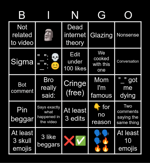 Youtube Shorts Bingo Card