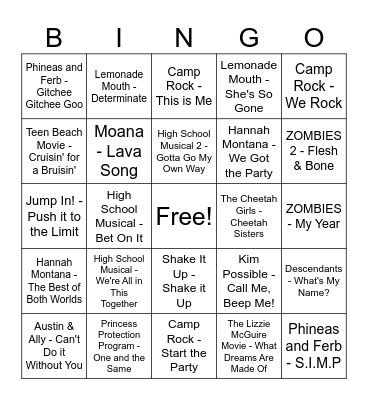 Disney Channel Music Bingo Card
