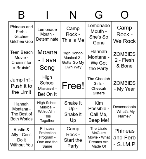 Disney Channel Music Bingo Card