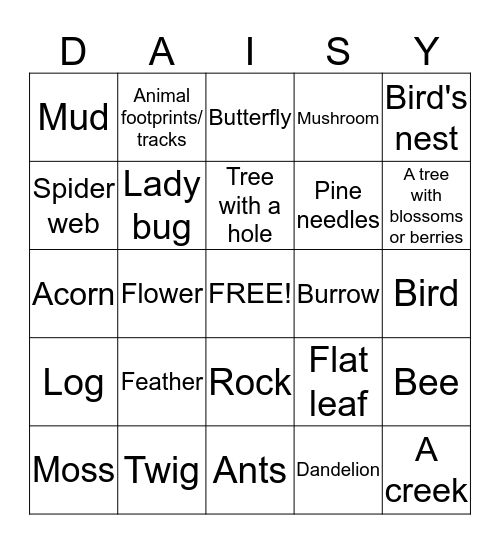 Daisy Nature Scavenger Hunt Bingo Card