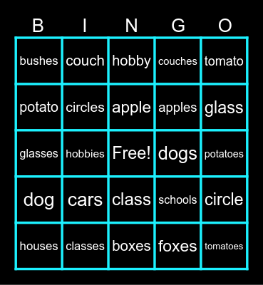 Singular and Plural Nouns Bingo Card