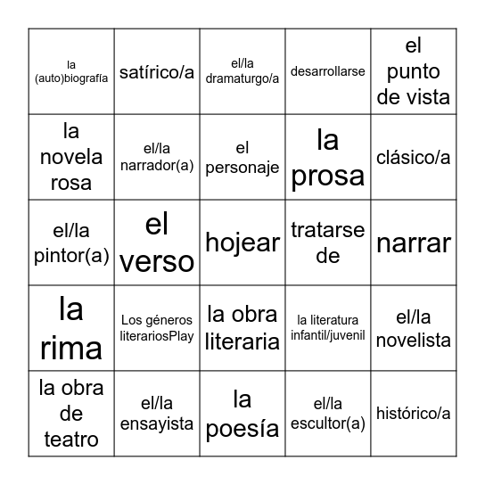 La Literatura Bingo Card