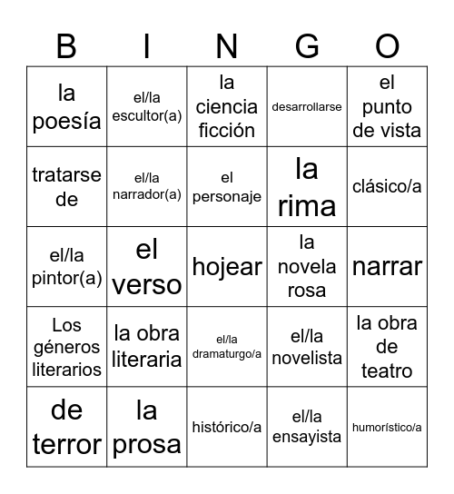 La Literatura Bingo Card