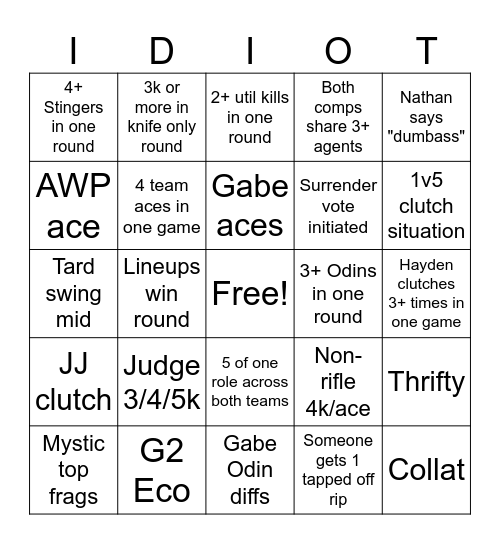 Valo 5v5 Bingo Card