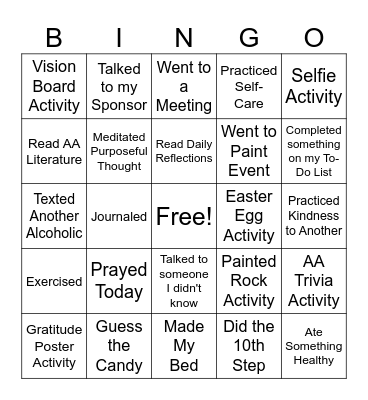 Recovery Bingo - Mark if done in the last 24 HOURS Bingo Card