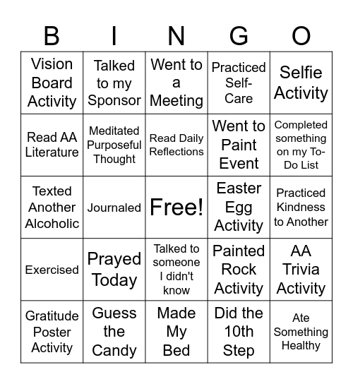 Recovery Bingo - Mark if done in the last 24 HOURS Bingo Card