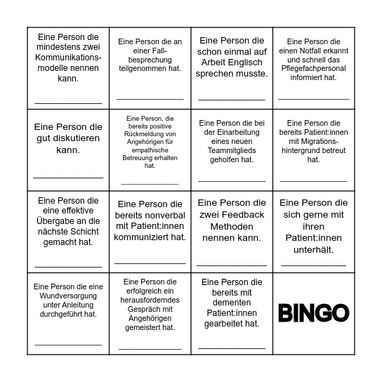Pflege-Bingo Card