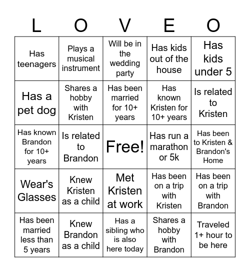 Kristen & Brandon Bingo Card