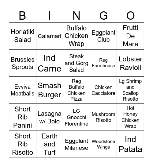 Food Items Bingo Card