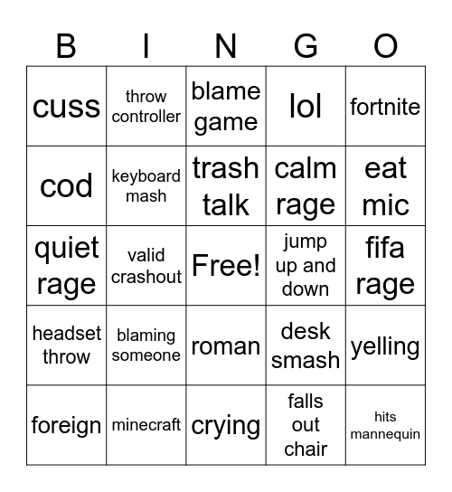 Gaming rage Bingo Card