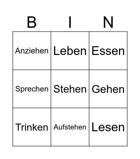 Action Verbs Bingo Card