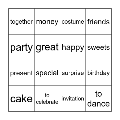 English Bingo game Bingo Card