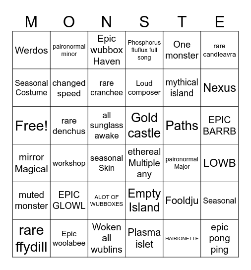 MY SINGING MONSTERS BINGO Card