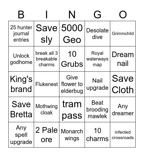 Hollow knight Bingo Card