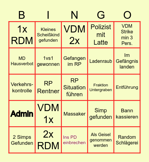 GTA RP Bingo Card
