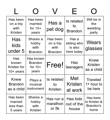 Kristen & Brandon Bingo Card