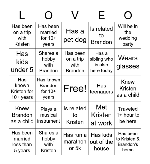 Kristen & Brandon Bingo Card