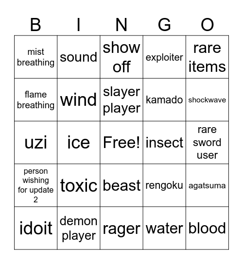 project slayer Bingo Card