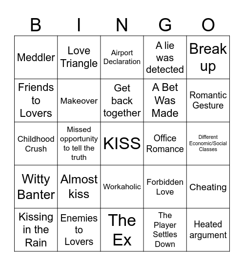 Romance Movie Bingo Card