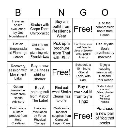 Get A Bingo To 954-552-9218 To Redeem A Free Month At YOGITHOT Studios & $35 Gift Card To Maboh The Label Bingo Card