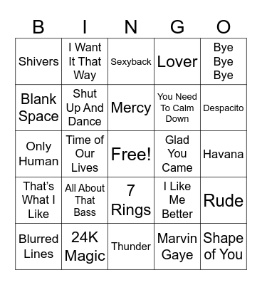 Pop Music #2 Bingo Card