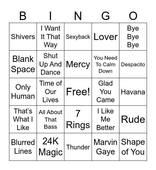 Pop Music #2 Bingo Card