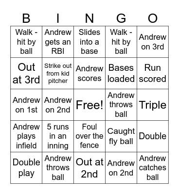 Andrew Baseball Bingo Card