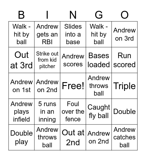Andrew Baseball Bingo Card