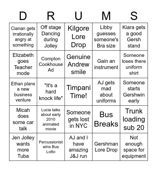 Band Tour Bingo 2025 Bingo Card