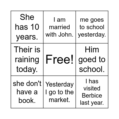 BINGO Error Analysis Bingo Card