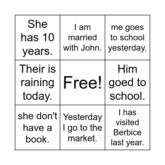 BINGO Error Analysis Bingo Card