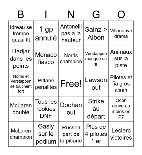 F1 Ju Bingo Card