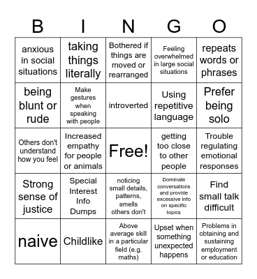 Autism Bingo Card