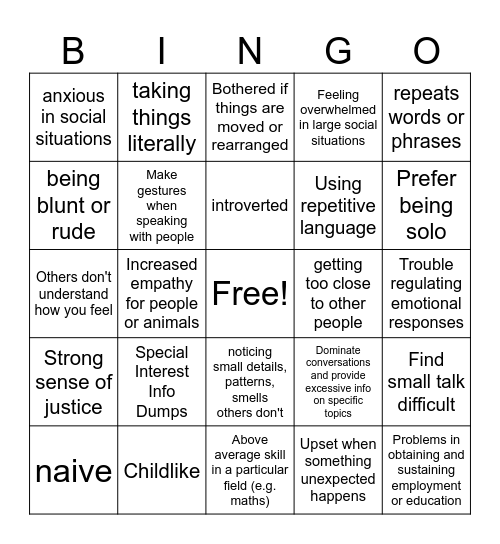 Autism Bingo Card